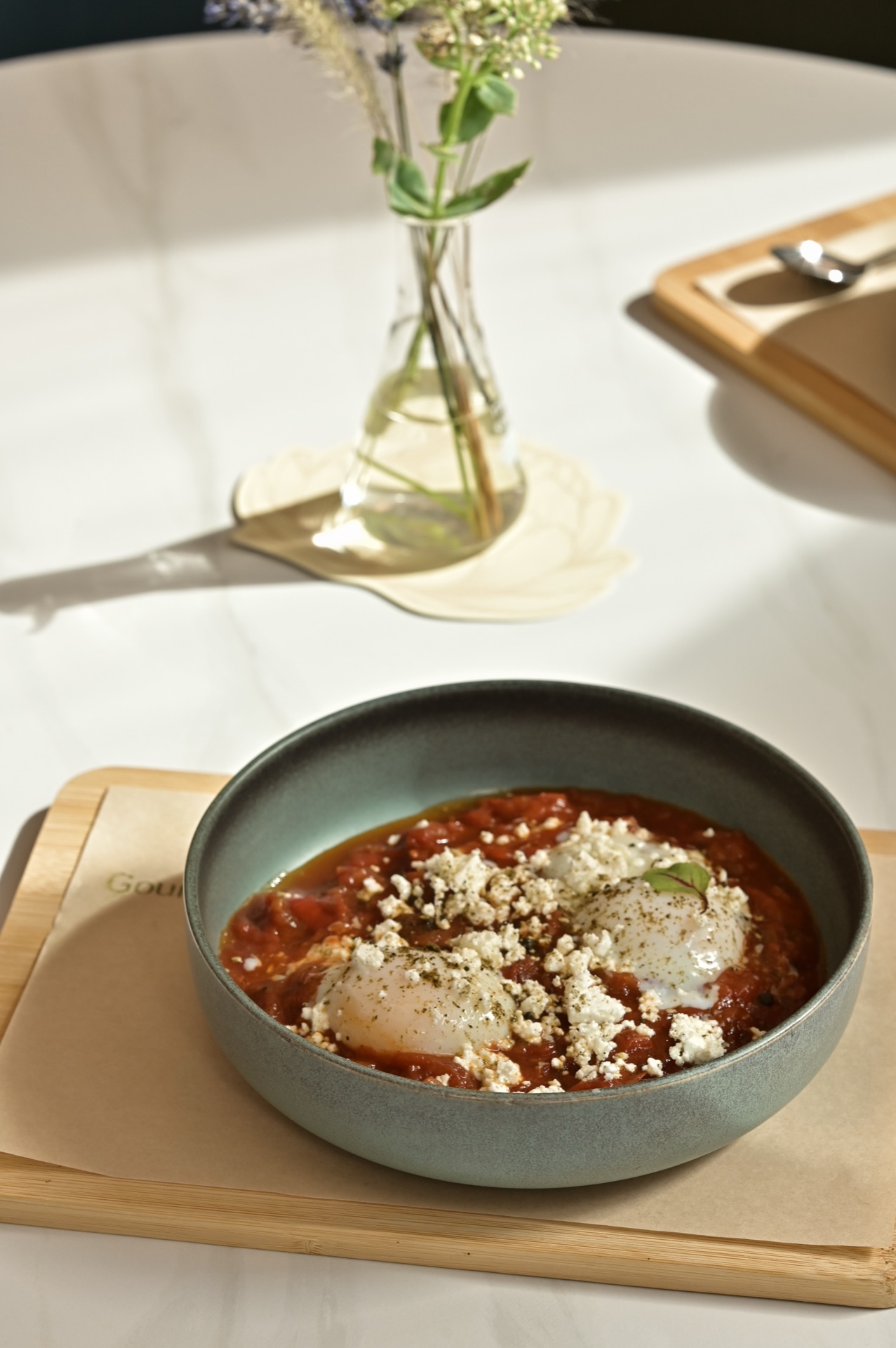 Shakshuka with feta and eggs from above